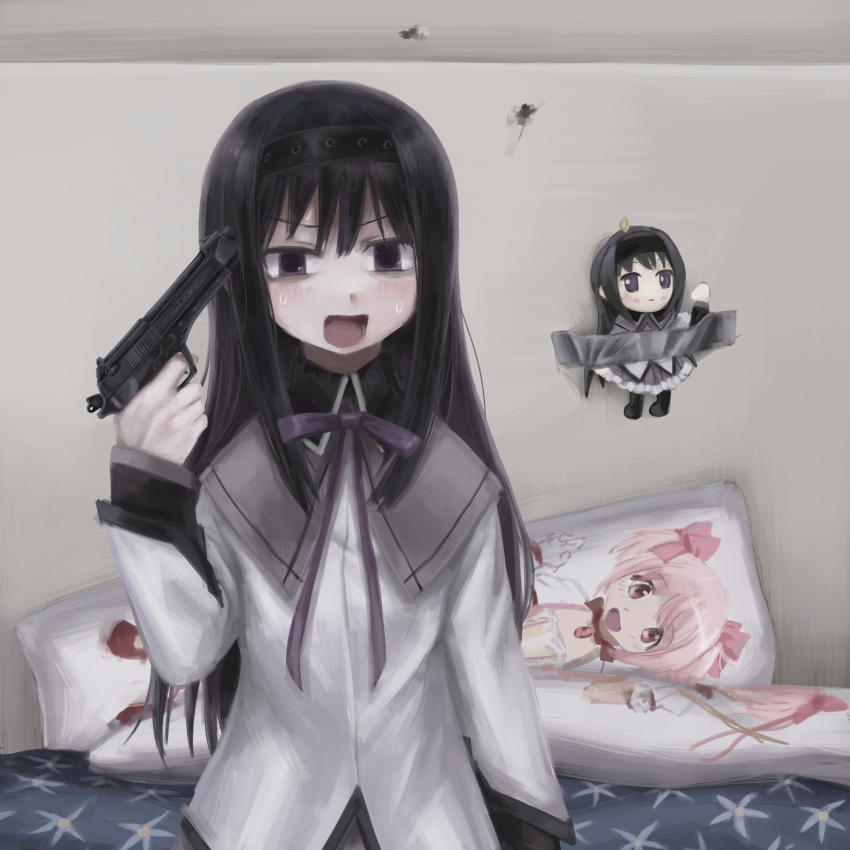 akemi_homura bags_under_eyes bed black_hair body_pillow bullet_hole diu9you gun hairband handgun highres hole_in_wall kaname_madoka kid_taped_to_wall_(meme) m1911 magical_girl mahou_shoujo_madoka_magica meme pantyhose pillow pointing_gun_at_head purple_ribbon ribbon stuffed_toy sweatdrop weapon