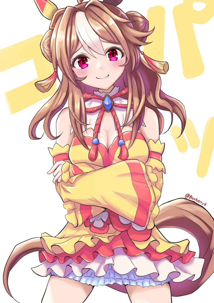1girl absurdres ahoge animal_ears becherry blush breasts brown_hair cleavage commentary_request copano_rickey_(umamusume) crossed_arms detached_sleeves double_bun fang frills hair_between_eyes hair_bun hair_ornament highres horse_ears horse_girl horse_tail looking_at_viewer medium_breasts partial_commentary red_eyes simple_background smile tail twitter_username umamusume white_background