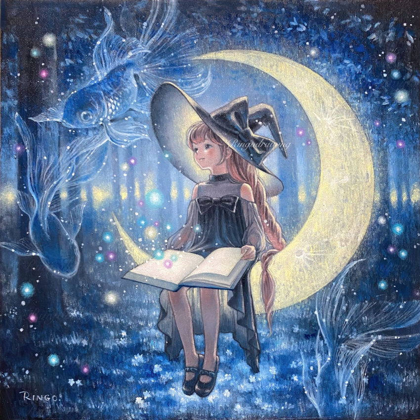 1girl black_dress black_eyes black_footwear black_headwear blush book braid braided_ponytail brown_hair commentary_request crescent_moon dress fish flying_fish forest full_body hat highres holding holding_book koi long_hair mary_janes moon nature night oil_painting_(medium) on_crescent original painting_(medium) ringodrawing shoes sitting smile solo surreal traditional_media very_long_hair witch witch_hat