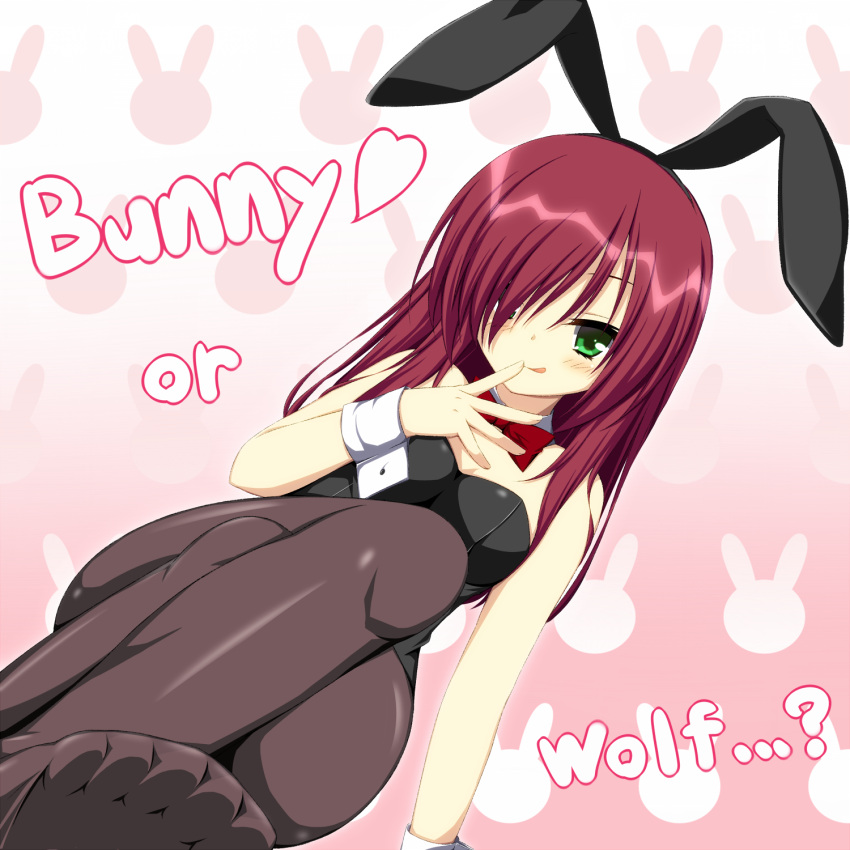 1girl :q animal_ears arm_at_side asagi_nanami bare_shoulders black_leotard blush bow bowtie collar commentary_request crossed_legs curvy detached_collar dutch_angle english_text eyelashes fake_animal_ears feet finger_to_mouth foreshortening gradient_background green_eyes hair_over_one_eye hand_up head_tilt heart highres karasuba_yukari leotard licking_lips long_hair looking_at_viewer naughty_face no_shoes official_alternate_costume one_eye_covered pink_background playboy_bunny rabbit_ears red_bow red_bowtie red_hair seductive_smile simple_background sitting smile solo straight_hair tenshinranman toes tongue tongue_out white_background white_collar white_wrist_cuffs