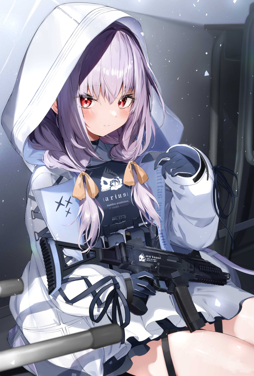 1girl atsuko_(blue_archive) black_gloves black_skirt blue_archive bow brown_bow commentary_request gloves gun hair_between_eyes hair_bow hand_up highres holding holding_gun holding_weapon hood hood_up hooded_jacket jacket kamioka_shun'ya long_hair long_sleeves looking_at_viewer puffy_long_sleeves puffy_sleeves purple_hair red_eyes sitting skirt sleeves_past_wrists smile solo weapon white_jacket
