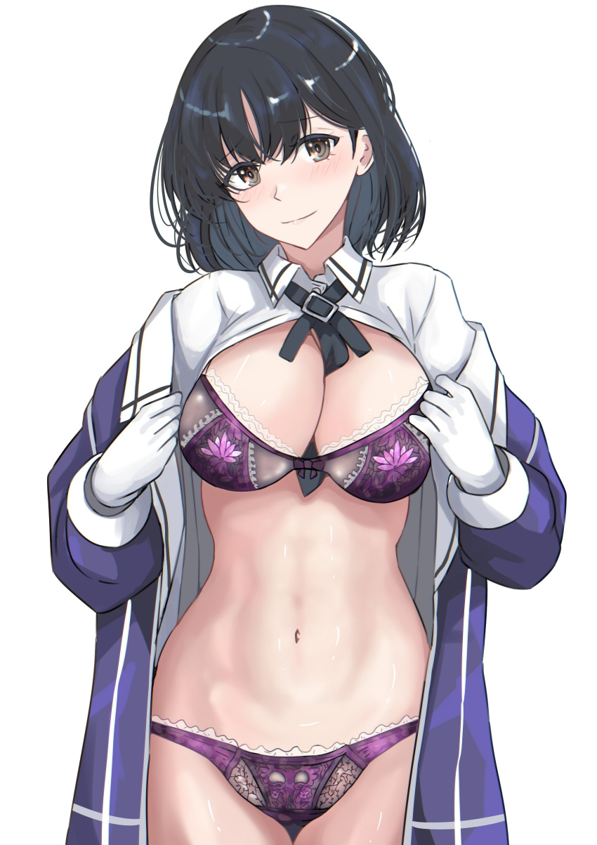 1girl absurdres black_hair bra breasts closed_mouth cowboy_shot gloves grey_eyes haguro_(kancolle) haguro_kai_ni_(kancolle) highres jacket kantai_collection ken_(shutenndouji1) large_breasts long_sleeves military_uniform navel open_clothes open_jacket open_shirt panties purple_bra purple_jacket purple_panties short_hair simple_background smile solo standing underwear uniform white_background white_gloves