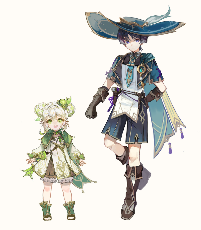 1boy 1girl :d abc_(user_wvss2873) alternate_costume alternate_hairstyle blue_capelet blue_headwear blue_necktie blue_pants boots brown_gloves cape capelet closed_mouth commentary_request cross-shaped_pupils dress full_body genshin_impact gloves green_cape green_eyes green_footwear hair_ornament hat highres leaf_hair_ornament long_sleeves looking_at_viewer medium_hair nahida_(genshin_impact) necktie open_mouth pants pointy_ears purple_eyes purple_hair scaramouche_(genshin_impact) shirt short_hair short_sleeves simple_background smile stirrup_footwear symbol-shaped_pupils wanderer_(genshin_impact) white_background white_dress white_hair white_shirt