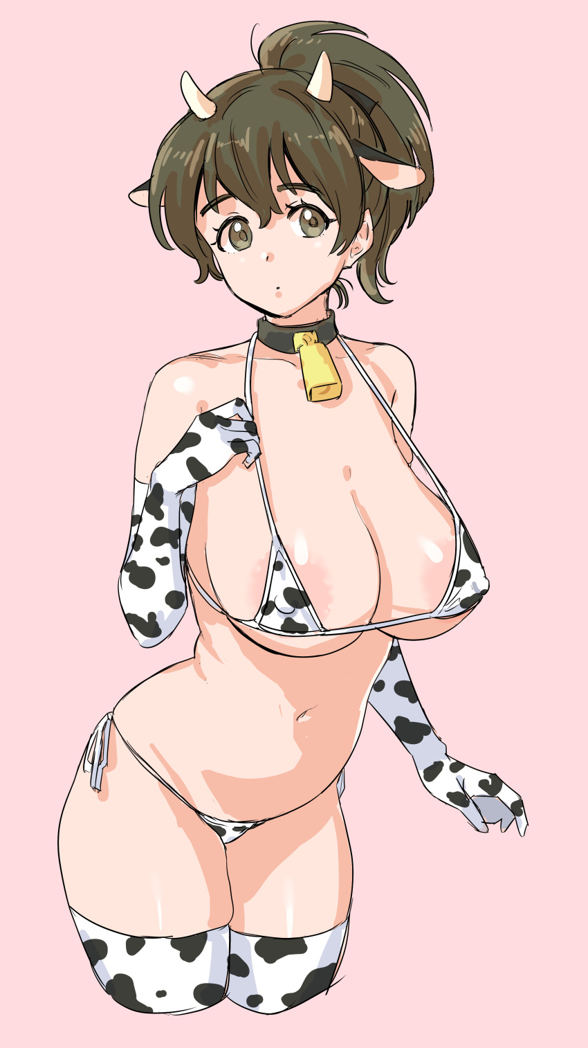 1girl absurdres animal_ears animal_print bell bikini breasts brown_eyes brown_hair cow_ears cow_horns cow_print cowbell elbow_gloves fake_animal_ears fake_horns girls_und_panzer gloves highres horns koyama_yuzu kuppipi_ramutarou large_areolae large_breasts looking_at_viewer medium_hair micro_bikini navel neck_bell open_mouth pink_background ponytail print_bikini side-tie_bikini_bottom simple_background solo swimsuit thighhighs