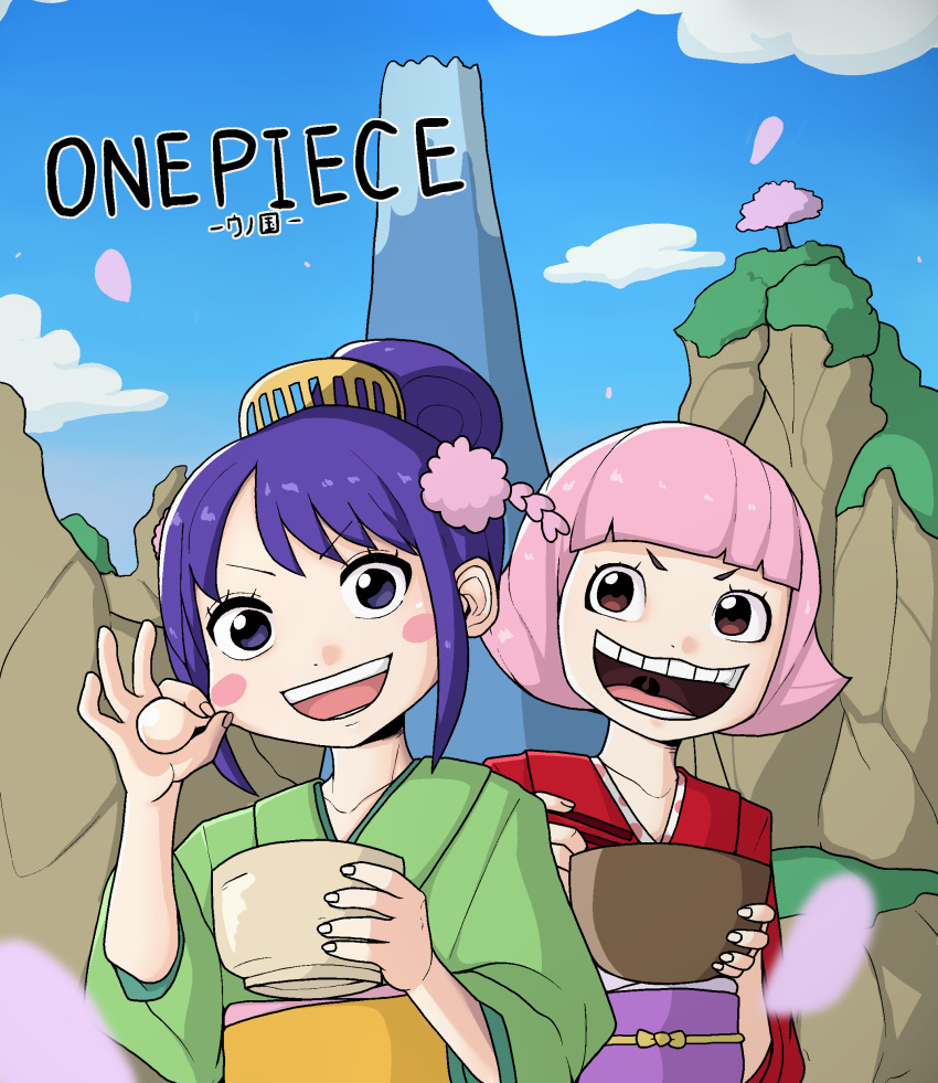 2girls absurdres cloud hair_ornament highres japanese_clothes kimono looking_at_viewer multiple_girls oddman1234 one_piece open_mouth pink_hair purple_hair short_hair smile tama_(one_piece) toko_(one_piece)