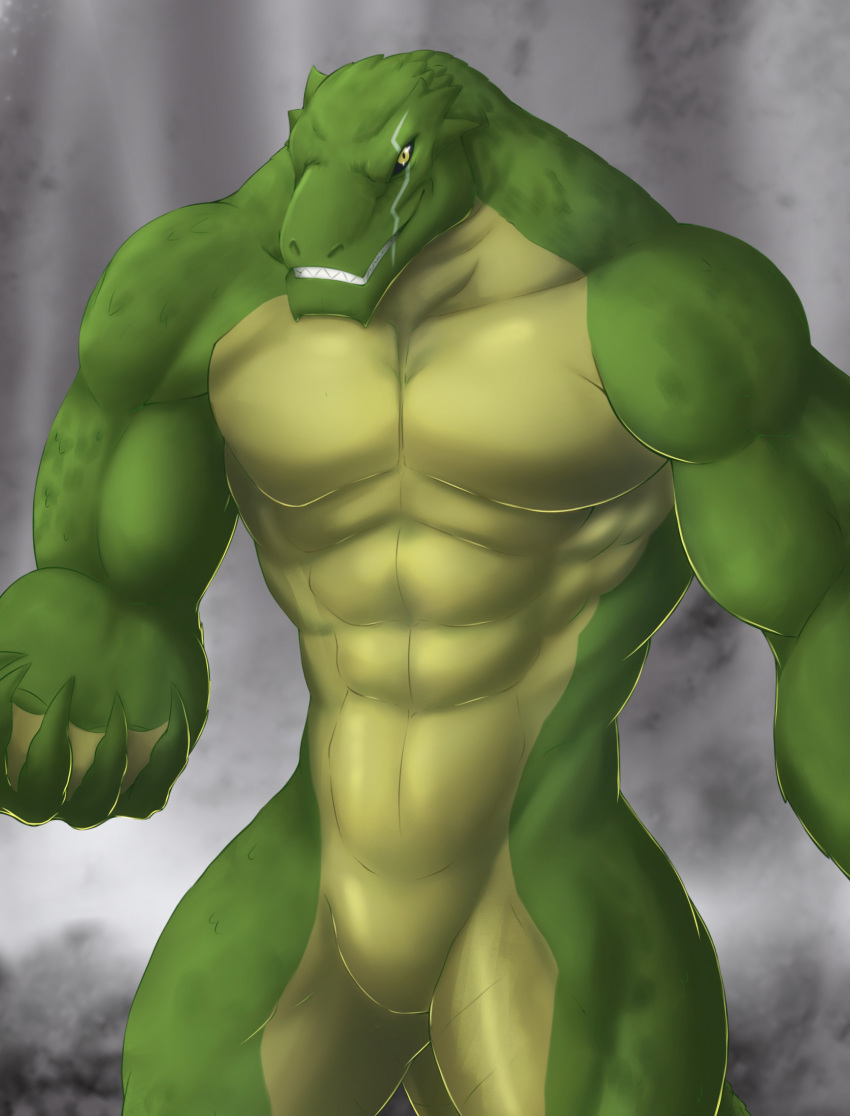 abs anthro batman_(series) biceps big_muscles biped chibikoma countershade_scales countershading dc_comics digital_drawing_(artwork) digital_media_(artwork) featureless_crotch green_body green_scales hi_res killer_croc male muscular muscular_anthro muscular_male nude pecs portrait reptile scales scalie scar sharp_teeth solo teeth three-quarter_portrait yellow_eyes