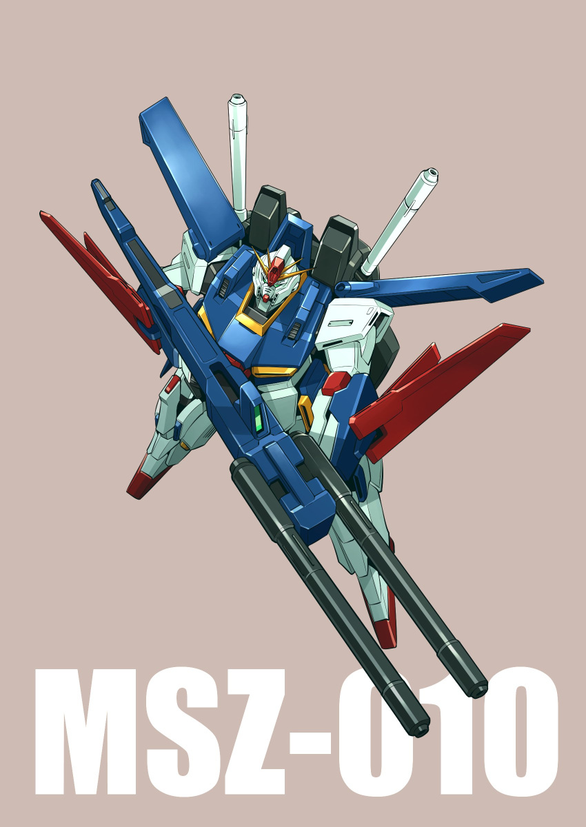 absurdres brown_background flying from_above gun gundam gundam_zz highres holding holding_gun holding_weapon ishiyumi mecha mobile_suit no_humans robot science_fiction solo v-fin weapon zz_gundam