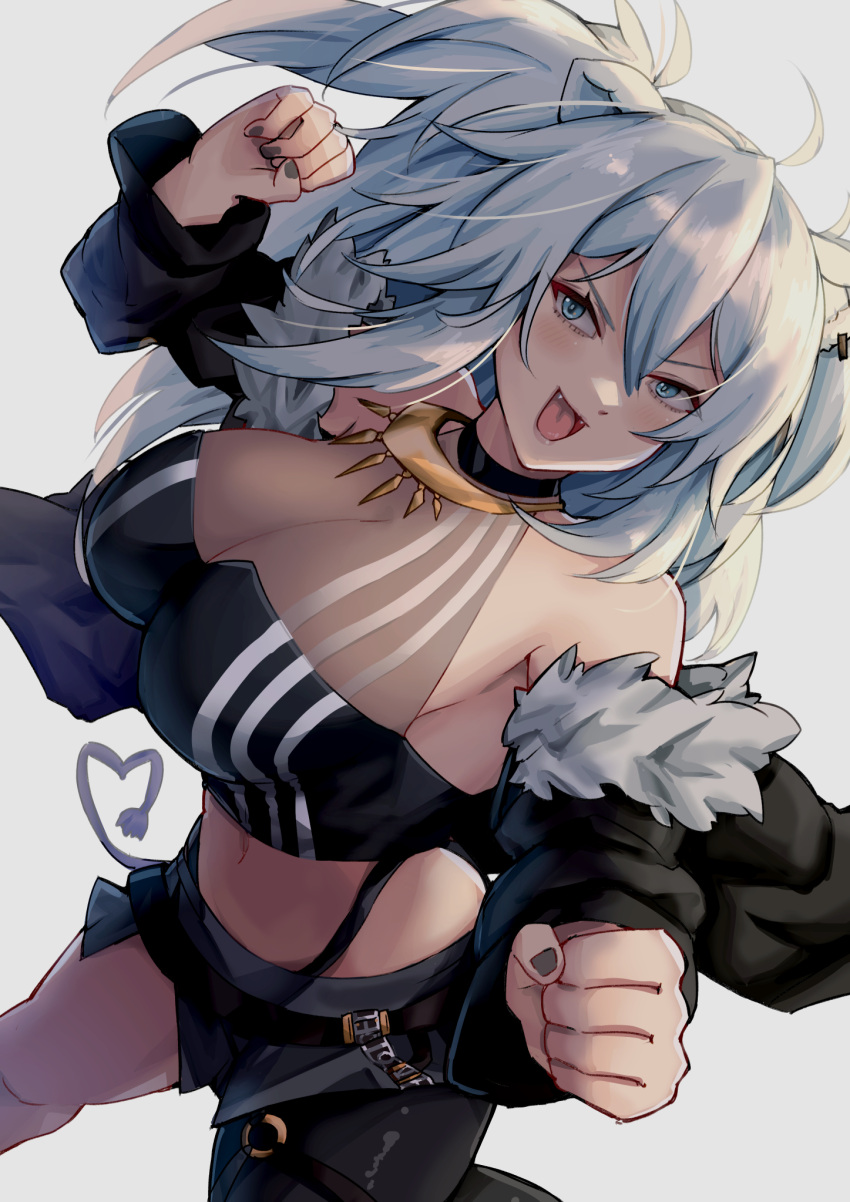 1girl ahoge animal_ear_piercing animal_ears bare_shoulders black_jacket black_nails black_panties black_pantyhose black_shirt blue_eyes blush_stickers breasts cleavage clenched_hands commentary_request crop_top double-parted_bangs fangs fighting_stance foot_out_of_frame fur-trimmed_jacket fur_trim grey_background grey_eyes grey_hair grey_skirt hair_between_eyes highres hololive jacket jewelry large_breasts lion_ears lion_girl lion_tail long_hair looking_at_viewer messy_hair midriff miniskirt nail_polish navel necklace o-ring o-ring_thigh_strap open_mouth panties panty_straps pantyhose see-through see-through_cleavage shirt shishiro_botan shishiro_botan_(1st_costume) sidelocks simple_background single_leg_pantyhose skin_tight skirt sleeveless sleeveless_shirt smile solo tail thigh_strap two_side_up underwear v-shaped_eyebrows virtual_youtuber yude