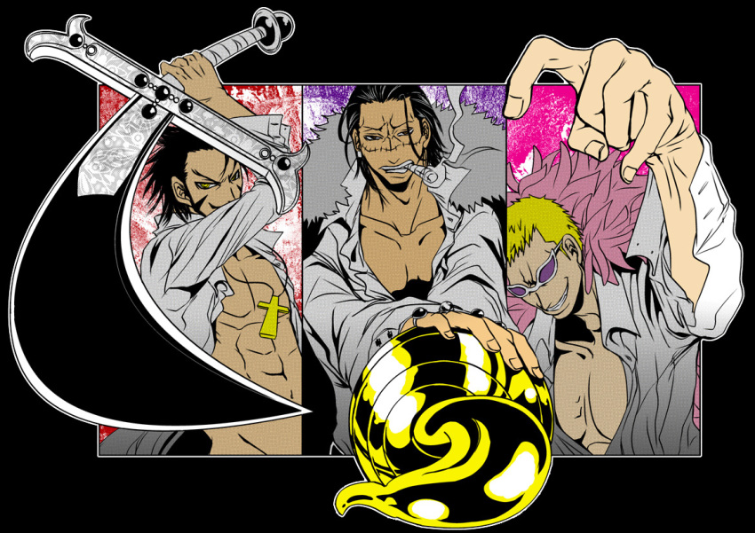 3boys black_hair blonde_hair cigar coat crocodile_(one_piece) cross cross_necklace donquixote_doflamingo dracule_mihawk facial_hair feather_coat fur_trim goatee holding holding_sword holding_weapon hook_hand jewelry looking_at_viewer male_focus multiple_boys multiple_rings muscular muscular_male mustache nabamen necklace one_piece open_clothes pink_coat purple-tinted_eyewear ring scar scar_on_face shirt short_hair sideburns smile smoking sunglasses sword teeth tinted_eyewear weapon white-framed_eyewear white_shirt yoru_(sword)