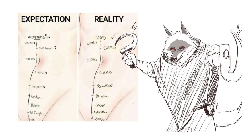 anthro canid canine canis clothed clothing death_(puss_in_boots) dreamworks dual_wielding english_text expectation_vs_reality facial_markings fluffy frown head_markings hi_res holding_object holding_weapon humor looking_at_viewer male mammal markings mask_(marking) prick_ears puss_in_boots_(dreamworks) red_eyes sickle solo standing text ultimatellurker weapon wolf