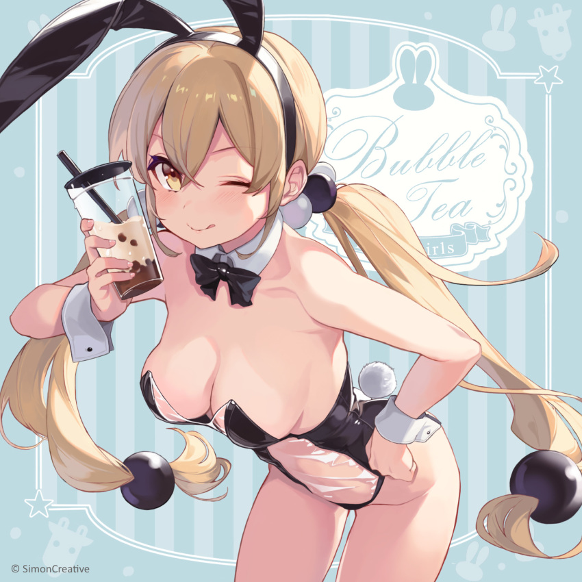 1girl animal_ears animal_print armpits artist_request bare_shoulders black_bow black_bowtie black_leotard blonde_hair blue_background blush bow bowtie breasts breasts_apart bubble_tea cleavage collar collarbone commentary copyright_name cropped_legs crossed_bangs cup detached_collar drink english_text fake_animal_ears fake_tail groin hair_between_eyes hair_bobbles hair_ornament hand_on_own_hip highres holding holding_cup holding_drink leaning_forward leotard long_hair looking_at_viewer low_twintails medium_breasts meme_attire official_art one_eye_closed playboy_bunny rabbit_ears rabbit_print rabbit_tail smile solo star_(symbol) striped striped_background tail tongue tongue_out translucent_bunnysuit twintails v-shaped_eyebrows white_collar white_wrist_cuffs xiaoyuan_(you_can_eat_the_girl) yellow_eyes you_can_eat_the_girl