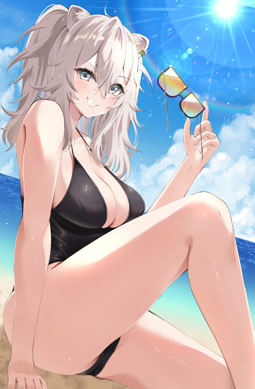 1girl absurdres ahoge animal_ears beach bikini black_bikini blush breasts cleavage ear_piercing grey_eyes grey_hair hair_between_eyes highres hololive large_breasts lion_ears lion_girl long_hair looking_at_viewer mogmog_megmog outdoors piercing shishiro_botan smile solo swimsuit thighs virtual_youtuber