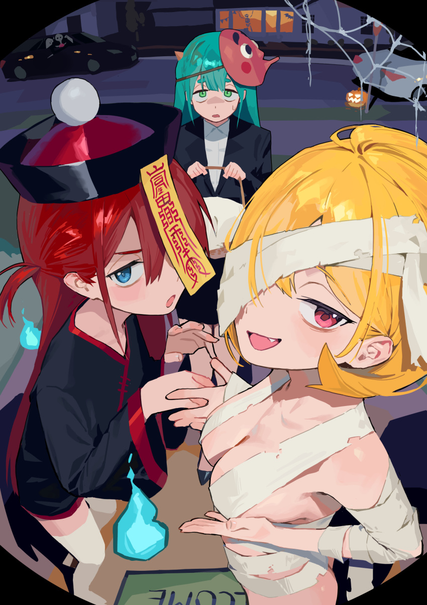 3girls aqua_hair bandage_over_one_eye bandages black_footwear black_headwear black_jacket black_skirt blonde_hair blue_eyes blush breast_hold breasts car chinese_clothes commentary english_commentary fang hair_over_one_eye halloween_costume hands_up hat highres hipa_(some1else45) holding horns jacket jiangshi_costume long_hair long_sleeves looking_at_viewer mask mask_on_head medium_breasts medium_hair motor_vehicle multiple_girls mummy_costume nahia_(some1else45) night nude office_lady ofuda_on_head open_mouth original outdoors parted_bangs pink_eyes qing_guanmao red_hair red_headwear sekoshi_(some1else45) shadow short_eyebrows skirt some1else45 sweatdrop thick_eyebrows thighhighs trick-or-treating tsurime two-tone_headwear white_thighhighs