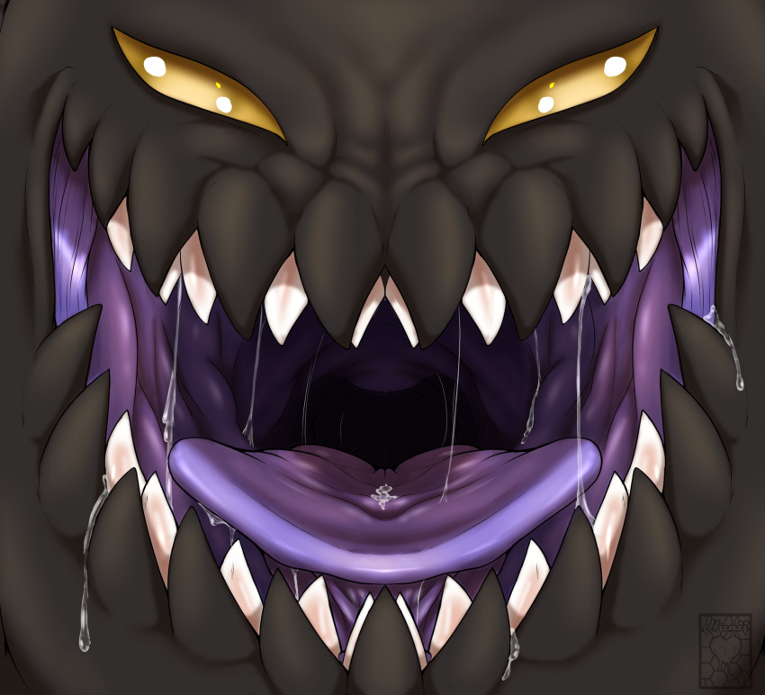 2023 abyss_(big-bang-baneko) anthro black_body bodily_fluids colored digital_drawing_(artwork) digital_media_(artwork) dragon dripping hi_res huniiheart_(artist) male mouth_shot open_mouth purple_mouth purple_tongue saliva saliva_drip saliva_on_tongue saliva_string shaded signature solo stomach_mouth tongue yellow_eyes