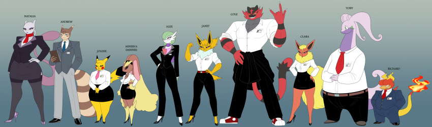 absurd_res andrew_(crovirus) anthro beauty_mark bottomwear business_attire business_suit cleft_tail clothed clothing crovirus cutout_heels devil_horns_(gesture) ear_piercing eeveelution erect_nipples eyeshadow eyewear female flareon flexing flexing_bicep footwear fully_clothed furret gardevoir gem generation_1_pokemon generation_2_pokemon generation_3_pokemon generation_4_pokemon generation_6_pokemon generation_7_pokemon gesture glasses goodra group hand_on_hip hi_res high_heels id_card incineroar jewelry jolteon legendary_pokemon lineup lipstick lopunny magmar makeup male mewtwo necklace nintendo nipple_outline nipples notebook office_clothing office_lady pants pearl_(gem) pearl_necklace piercing pikachu plantigrade pokemon pokemon_(species) pumps scarf shirt shoes short_stack size_difference skirt sneakers stiletto_heels suit topwear