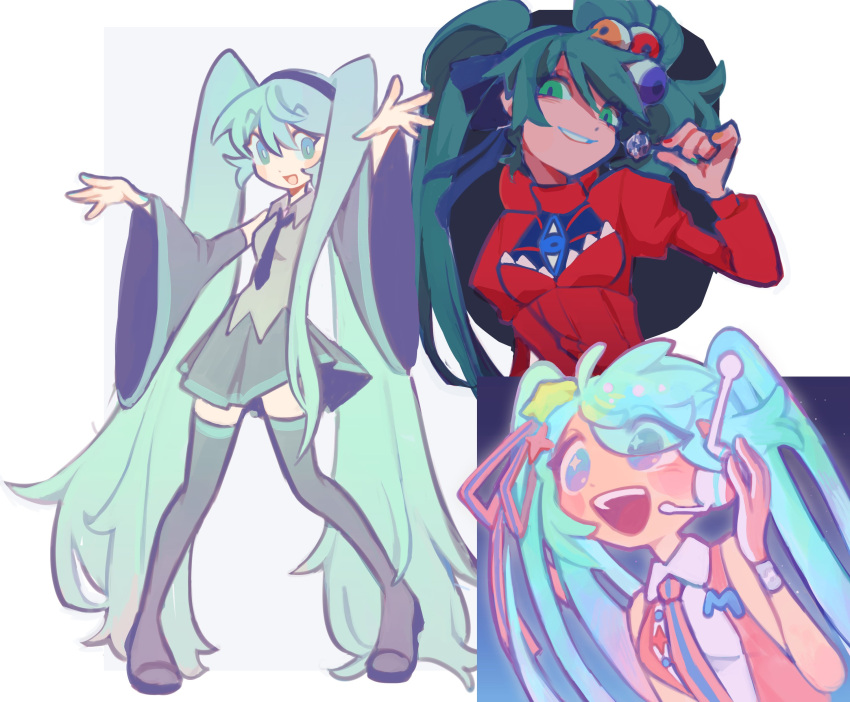 3girls absurdres black_skirt black_sleeves black_thighhighs blue_eyes blue_hair blue_ribbon detached_sleeves green_eyes green_hair grey_shirt hair_ribbon hatsune_miku headphones highres long_hair long_sleeves magical_mirai_(vocaloid) magical_mirai_miku magical_mirai_miku_(2022) mangohcake multiple_girls pink_ribbon pink_shirt red_shirt ribbon shirt simple_background skirt thighhighs twintails very_long_hair white_background wide_sleeves