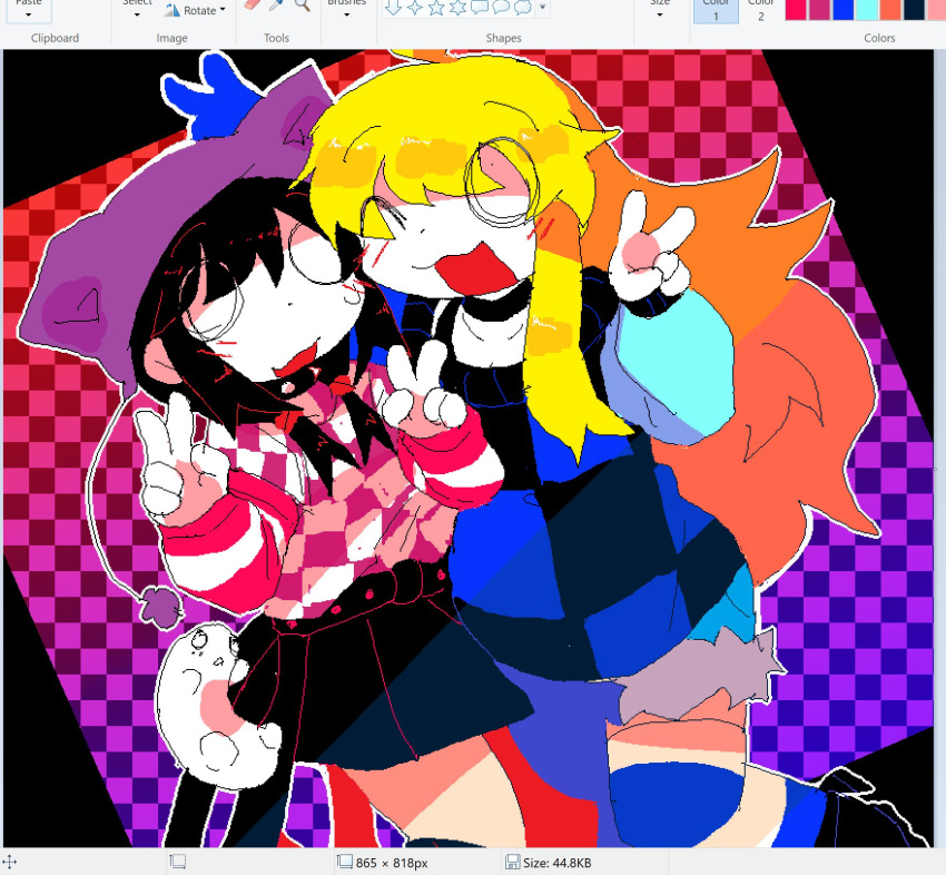 2girls alternate_costume alternate_universe belt blush cat_ear_hat checkered_clothes chito_(shoujo_shuumatsu_ryokou) choker hat highres microsoft_paint_(medium) multiple_girls no_pupils nuko_(shoujo_shuumatsu_ryokou) one_eye_closed open_mouth patterned_background pleated_skirt poppos shoujo_shuumatsu_ryokou skirt v yuuri_(shoujo_shuumatsu_ryokou)