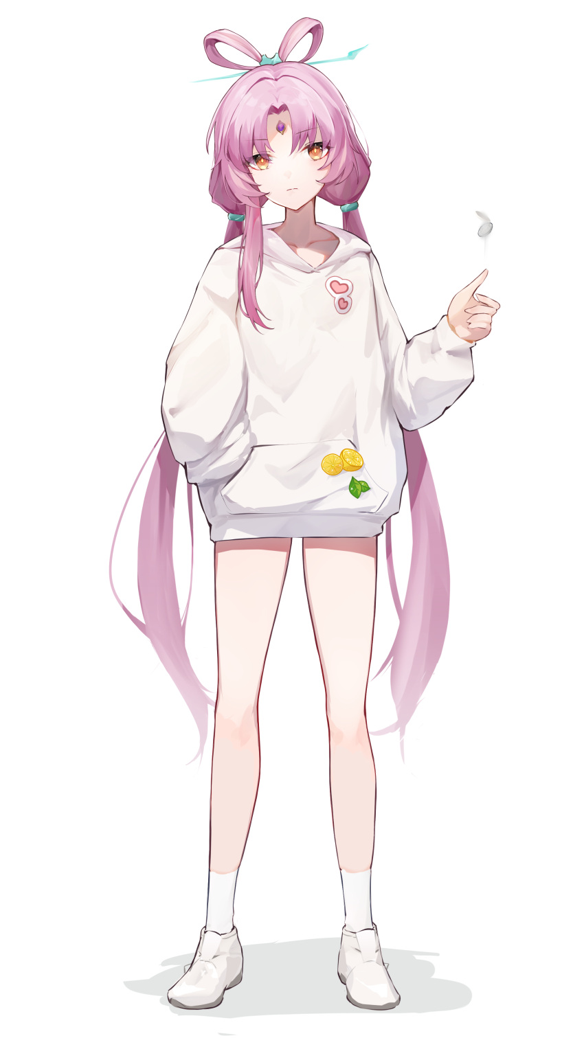 1girl absurdres bare_legs bow-shaped_hair closed_mouth coin coin_flip forehead_jewel fu_xuan_(honkai:_star_rail) hair_ornament hairpin hand_in_pocket highres honkai:_star_rail honkai_(series) hood hoodie k/a legs long_hair looking_at_viewer low_twintails naked_sweater no_pants orange_eyes pink_hair shoes simple_background socks solo sweater thighs twintails very_long_hair white_background white_footwear white_hoodie white_socks