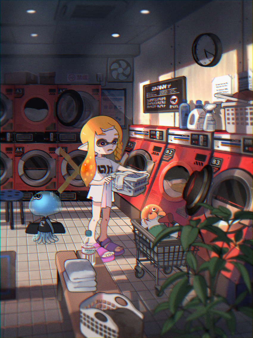 1girl absurdres air_conditioner analog_clock bench blurry blurry_foreground bottle box braid cardboard_box ceiling_light clock clothes_dryer colored_sclera commentary_request detergent highres holding indoors inkling inkling_girl jellyfish_(splatoon) laundromat laundry laundry_basket laundry_cart long_hair no_smoking okaranko open_mouth orange_eyes orange_hair paper pink_footwear plant pointy_ears print_shirt red_eyes red_hair rug salmon_run_(splatoon) salmonid sandals scenery shadow shirt short_sleeves side_braid sigh single_braid smallfry_(splatoon) splatoon_(series) splatoon_3 spray_bottle standing stool sweatdrop t-shirt tentacle_hair tile_floor tiles toes towel wall_clock washing_machine water_bottle white_shirt yellow_sclera