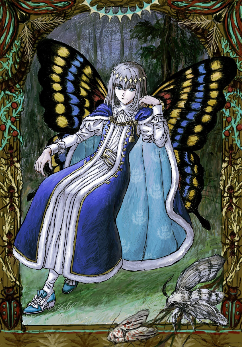 1boy ant arm_rest beetle belt belt_buckle blue_cape blue_robe buckle bug butterfly_wings cape centipede chinese_commentary closed_mouth collar_chain_(jewelry) commentary_request crown fate/grand_order fate_(series) forest frown fur-trimmed_cape fur_trim grass grey_eyes grey_hair hand_up highres hskdpxosysblalsh invisible_chair juliet_sleeves long_sleeves looking_at_viewer male_focus medium_hair moth nature oberon_(fate) ornate_border painterly plant puffy_sleeves robe sitting sleeve_cuffs solo vines white_belt white_robe wings