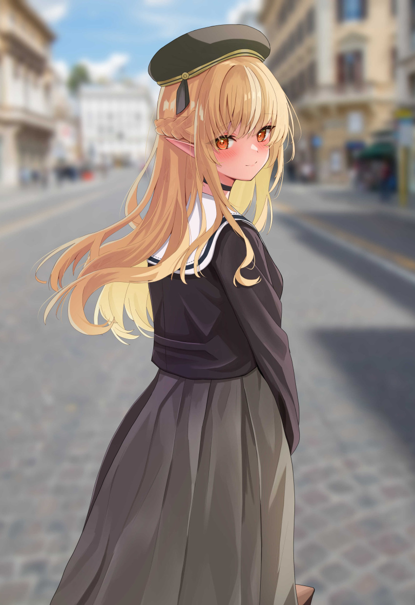 1girl absurdres beret black_choker black_headwear black_shirt blonde_hair blurry blurry_background blush braid building choker dark-skinned_female dark_elf dark_skin dress elf european_architecture french_braid from_behind grey_dress hat highres holding hololive long_dress long_hair long_sleeves looking_at_viewer looking_back multicolored_hair o29sukizero outdoors pleated_dress pointy_ears red_eyes road sailor_collar sailor_dress shiranui_flare shiranui_flare_(3rd_costume) shirt sky smile solo_focus streaked_hair town virtual_youtuber