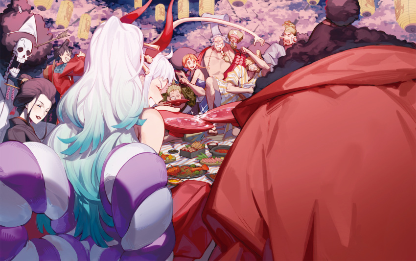 3girls 6+boys afro alcohol bandana black_hair blonde_hair blue_dress blue_hair brook_(one_piece) cape cherry_blossoms chinese_commentary closed_eyes commentary_request cup dress food franky_(one_piece) frog_on_head gradient_hair green_bandana green_hair grin hair_ornament hair_over_one_eye hair_stick happi highres horns izumikane japanese_clothes jinbe_(one_piece) kimono lantern lipstick lobster long_nose makeup mochi monkey_d._luffy multicolored_hair multiple_boys multiple_girls nami_(one_piece) nico_robin one_eye_closed one_eye_covered one_piece oni_horns open_mouth orange_eyes orange_hair paper_lantern plate red_cape red_kimono rice rope roronoa_zoro sakazuki sake sanji_(one_piece) sashimi scar scar_across_eye shimenawa short_hair skeleton smile soup sweatdrop teeth tony_tony_chopper usopp white_hair white_kimono yamato_(one_piece) yellow_kimono