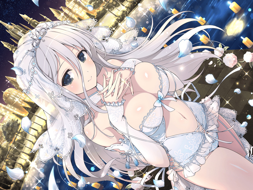 1girl bare_shoulders blush breasts bridal_lingerie bridal_veil candle castle choker cleavage closed_mouth collarbone elbow_gloves falling_petals fire flame floating_candle flower gekkou_(senran_kagura) gloves green_eyes grey_hair hair_between_eyes highres jewelry large_breasts lingerie lit_candle long_hair looking_at_viewer navel night official_alternate_costume official_art own_hands_together petals senran_kagura senran_kagura_new_link sky smile solo star_(sky) starry_sky thighhighs underwear veil white_flower yaegashi_nan