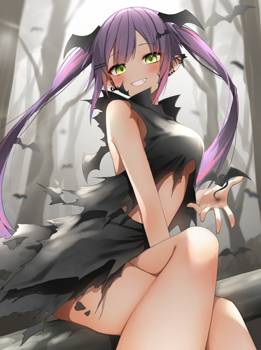 1girl bat_hair_ornament black_shirt black_skirt blush breasts commentary_request crossed_legs damaged earrings green_eyes grin hair_between_eyes hair_ornament halloween highres hololive jewelry looking_at_viewer medium_breasts outdoors pepushi_drow purple_hair shirt sitting skirt smile solo tokoyami_towa twintails virtual_youtuber