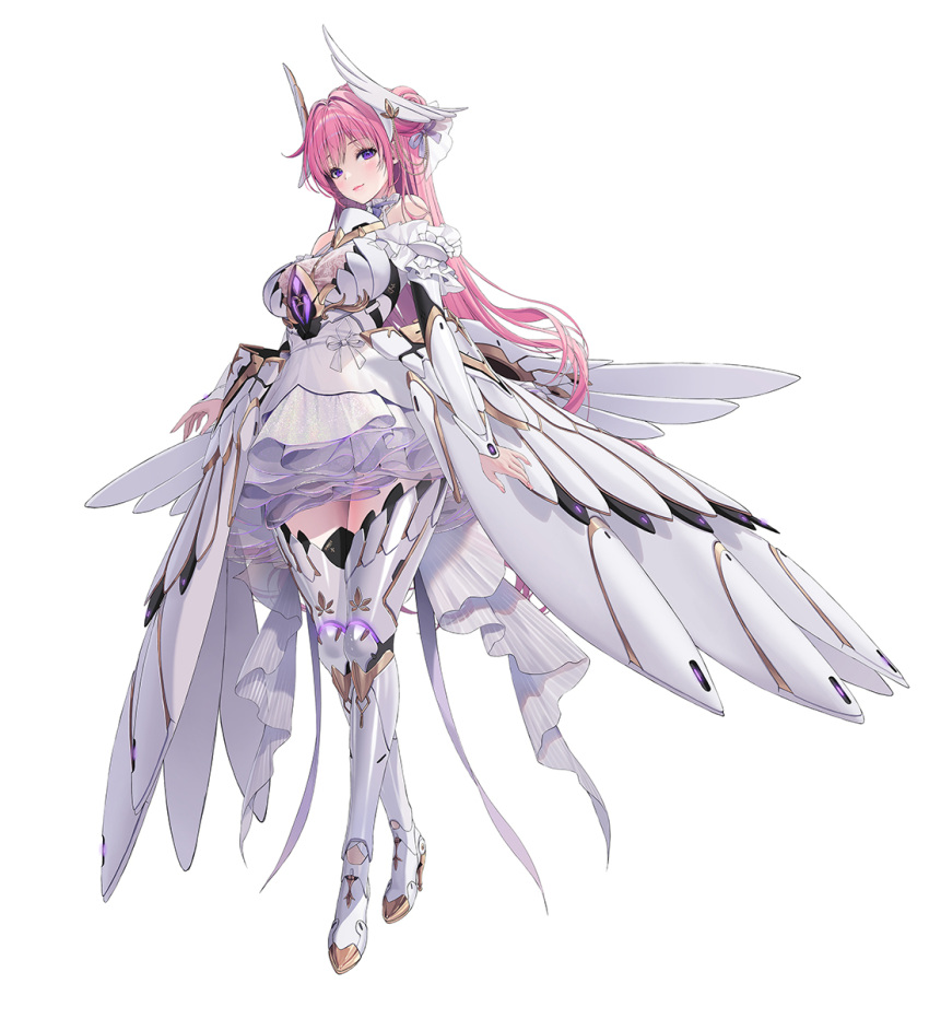 1girl armor armored_boots armored_dress bare_shoulders boots bracer braid breasts detached_sleeves detached_wings dorothy_(nikke) dress frilled_dress frills full_body goddess_of_victory:_nikke hair_bun hair_intakes headgear high_heels highres large_breasts long_hair looking_at_viewer mechanical_wings official_art pink_hair purple_eyes see-through_cleavage solo standing tachi-e white_dress wings yoya_yogurt