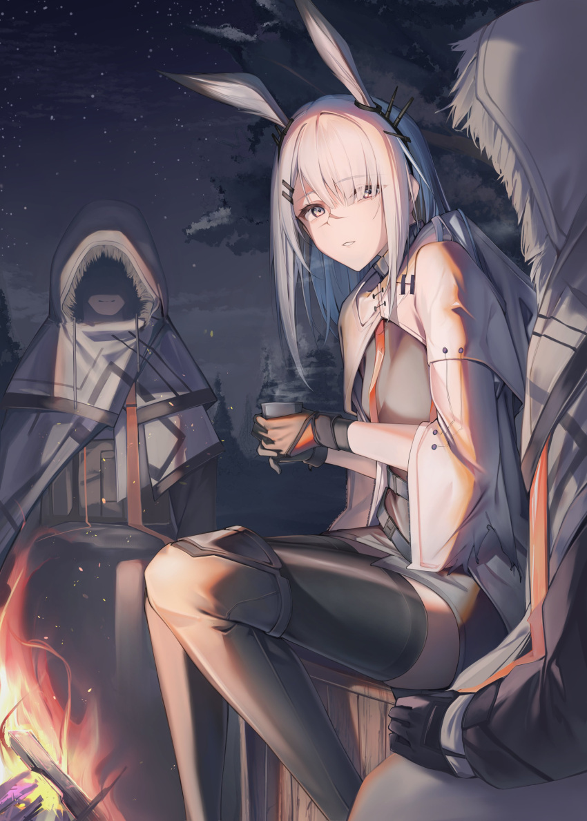 1girl 2others absurdres animal_ears arknights asymmetrical_bangs black_skirt black_thighhighs breasts campfire closed_mouth coat cup frostnova_(arknights) fur-trimmed_hood fur_trim gloves grey_eyes hair_over_one_eye highres holding holding_cup hood hood_up hooded_coat long_hair multiple_others night night_sky outdoors parted_lips r_oot rabbit_ears rabbit_girl scar scar_on_face scar_on_nose sitting skirt sky small_breasts solo_focus star_(sky) starry_sky steam thighhighs tree white_coat white_hair yeti_caster_leader_(arknights) zettai_ryouiki