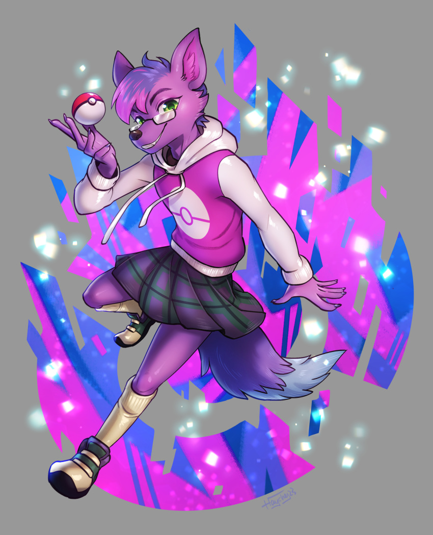 5_fingers absurd_res anthro biped bottomwear canid canine canis claws clothed clothing eyebrows eyewear female fingers fur glasses haychel hi_res hoodie mammal nintendo pokeball pokemon purple_body purple_fur skirt solo tail topwear wolf