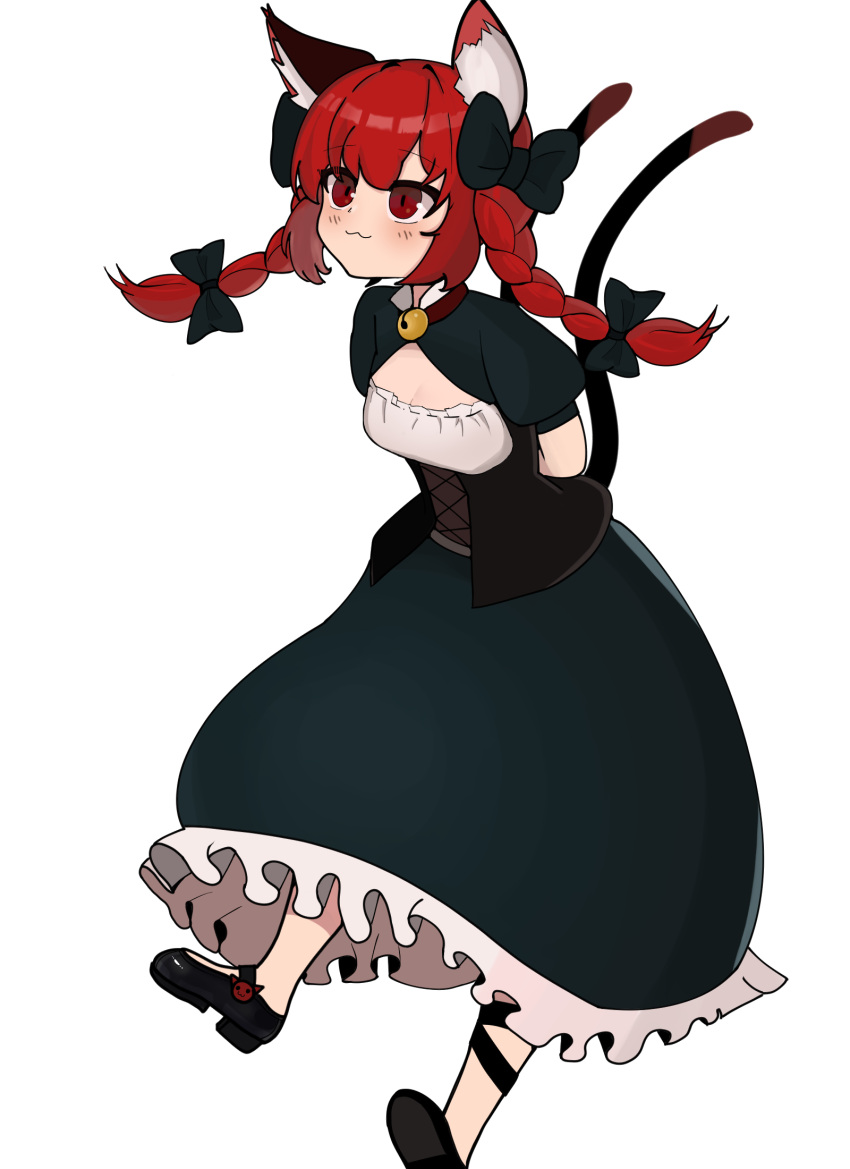1girl :3 animal_ear_fluff animal_ears arms_behind_back bell black_bow black_dress blush bow braid breasts canonball_(dungigi12) cat_ears cat_tail cleavage corset dress extra_ears frills highres jingle_bell kaenbyou_rin leg_ribbon mary_janes multiple_tails red_eyes red_hair ribbon shoes simple_background slit_pupils solo tail touhou tsurime twin_braids two_tails white_background