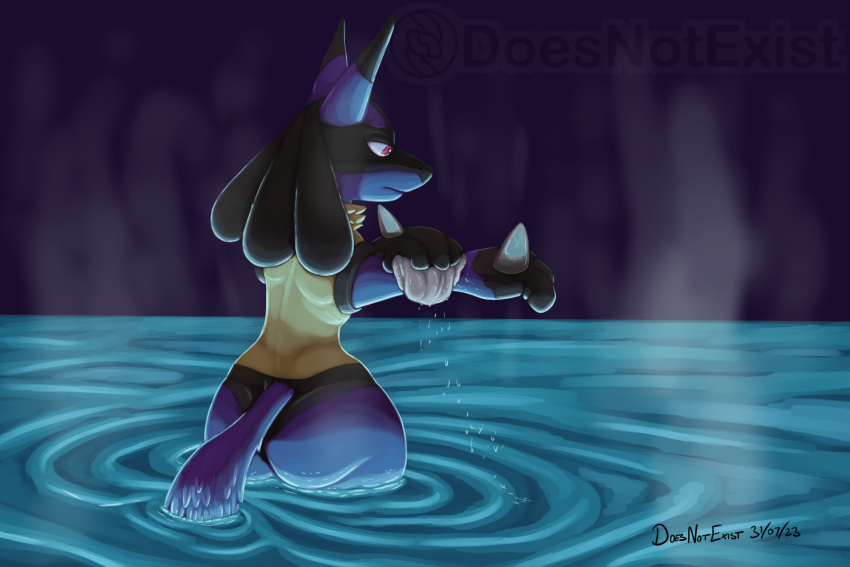 2023 anthro bathing biped black_body black_fur blacktail_(doesnotexist) blue_body blue_fur butt cleaning cleaning_rag dated digital_media_(artwork) dipstick_ears doesnotexist fur generation_4_pokemon hi_res long_ears lucario male multicolored_ears nintendo pokemon pokemon_(species) rear_view red_eyes signature solo steam subscribestar tan_body tan_fur thick_thighs water watermark