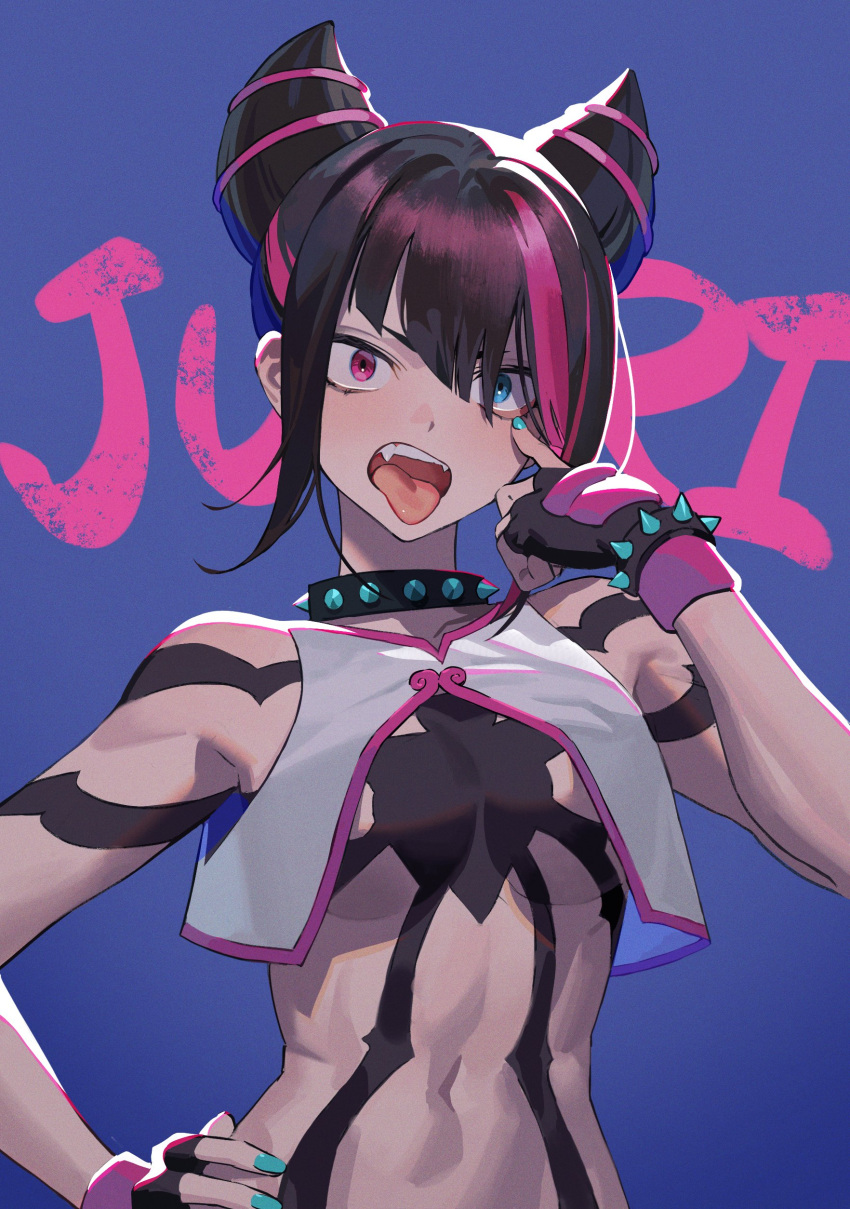 1girl absurdres aqua_nails black_collar black_hair blue_background blue_eyes bracelet breasts character_name collar commentary cone_hair_bun double_bun fangs fingernails gradient_background hair_bun han_juri hand_on_own_hip heterochromia highres jewelry looking_at_viewer medium_breasts multicolored_hair nail_polish navel open_mouth pink_hair red_eyes short_hair solo spiked_bracelet spiked_collar spikes street_fighter street_fighter_6 teeth tongue tongue_out torino_kawazu two-tone_hair upper_body upper_teeth_only