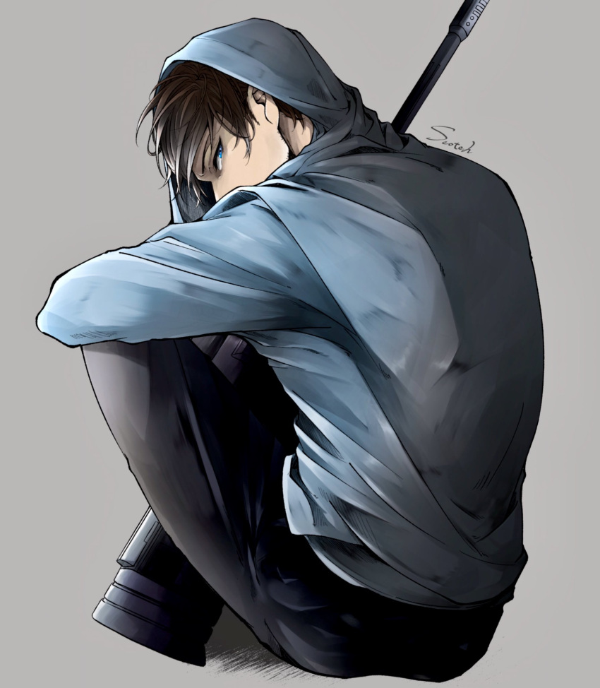 1boy black_pants blue_eyes blue_jacket brown_hair butterfly_sitting facial_hair grey_background highres hunched_over jacket long_hair looking_at_viewer looking_to_the_side male_focus meitantei_conan pants scotch_(meitantei_conan) simple_background sitting solo syarara23 weapon