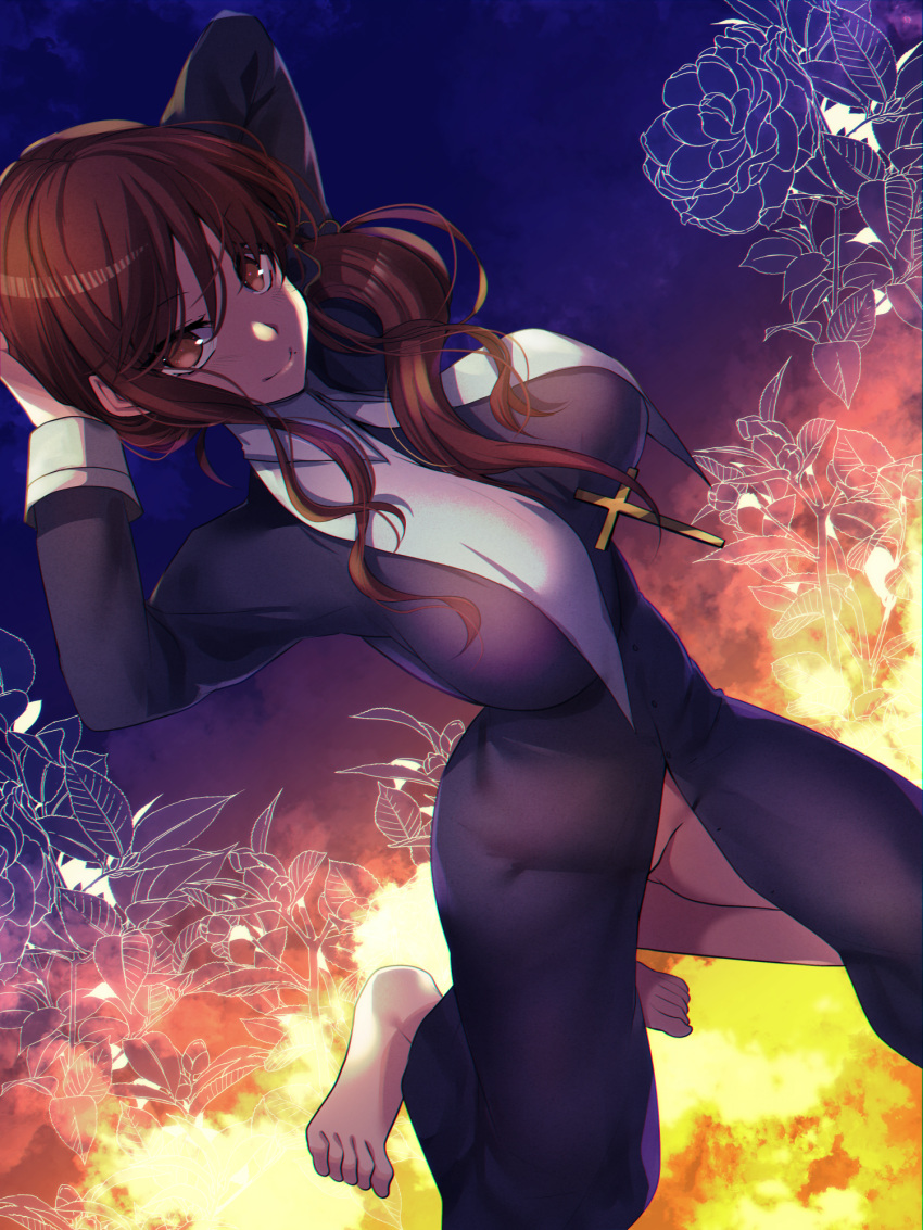 1girl barefoot black_dress bottomless breasts brown_eyes brown_hair closed_mouth commentary_request cross cross_necklace dress habit highres jewelry large_breasts long_hair looking_at_viewer necklace no_panties noel_(tsukihime) nun smile solo tajima_yoshikazu tsukihime tsukihime_(remake)