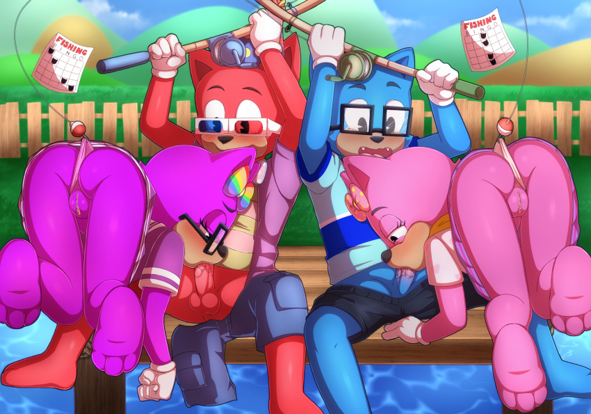 anthro blue_body blue_fur bottomwear clothing domestic_cat feet felid feline felis female fishing fishing_rod fur gi0 group hi_res male male/female mammal pancake_(toontown) pink_body pink_fur purple_body purple_fur red_body red_fur shorts toontown_corporate_clash toontown_online toontown_rewritten toony