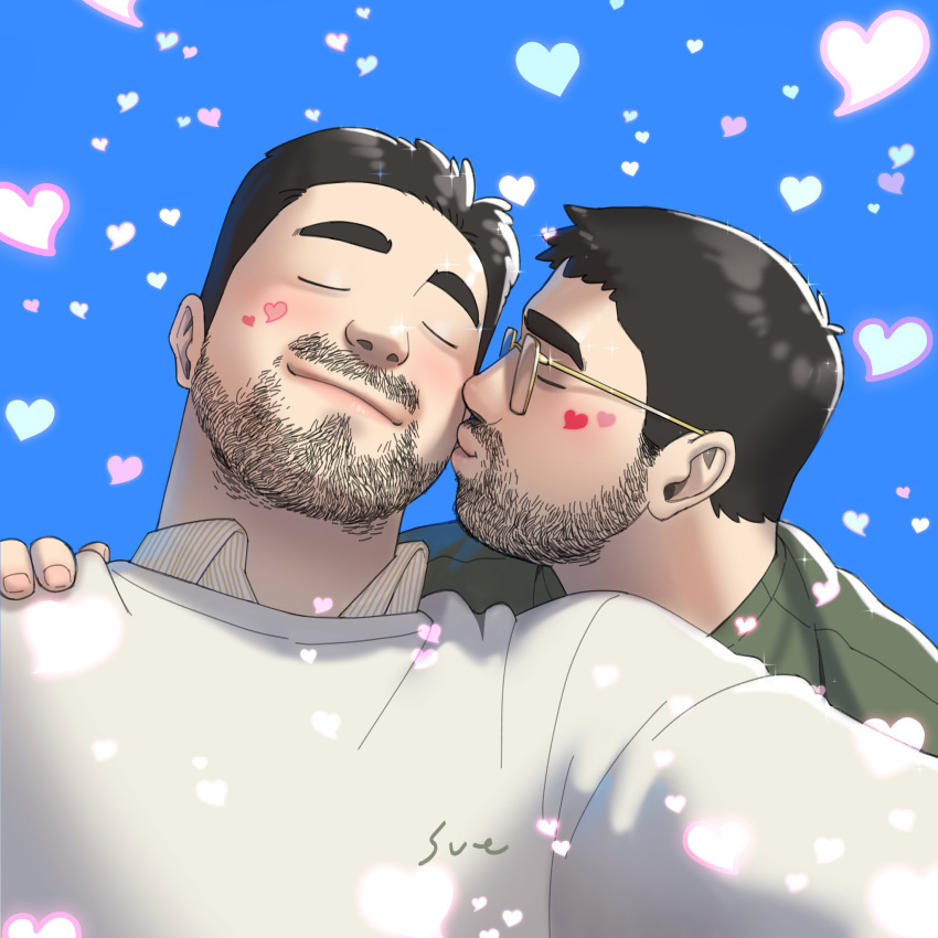 2boys bara beard_stubble closed_eyes couple glasses hand_on_another's_shoulder happy heart heart_background highres kiss kissing_cheek large_pectorals layered_shirt loving_aura male_focus mature_male multiple_boys mustache_stubble original pectorals round_eyewear shirt short_hair sideburns stro_very thick_eyebrows u_u upper_body yaoi