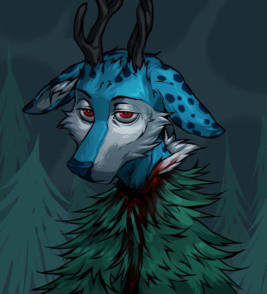 absurd_res anthro blood blue_body bodily_fluids dark dark_forest death decapitation deer gore hi_res kolkolukija male mammal night red_eyes solo