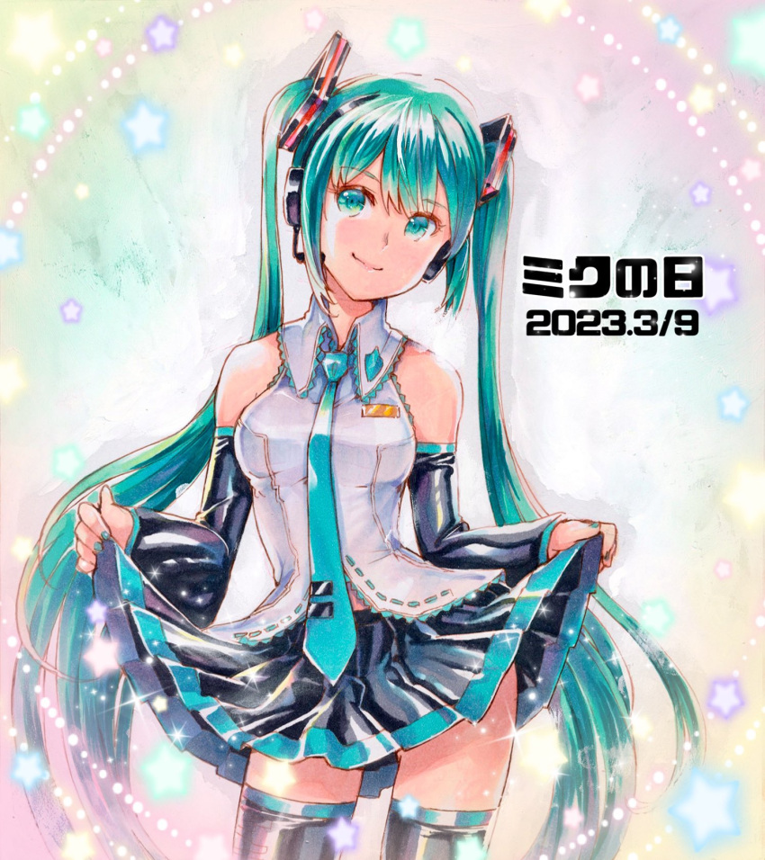 1girl 39 black_footwear black_skirt black_sleeves blue_eyes blue_hair blue_necktie boots commentary detached_sleeves grey_shirt hair_ornament hatsune_miku headset highres long_hair mayo_riyo miku_day necktie pleated_skirt shirt skirt skirt_hold sleeveless sleeveless_shirt smile thigh_boots translated twintails very_long_hair vocaloid