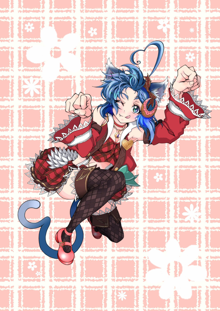 1girl ahoge animal_ears blue_eyes blue_hair bow cat_ears cat_tail choker crescent crescent_hair_ornament crescent_necklace crop_top elbow_gloves fangs frills full_body gloves hair_ornament hairband heart highres jewelry kemonomimi_mode looking_at_viewer midriff navel necklace plaid plaid_skirt red_choker red_skirt rena_lanford skirt smile solo star_ocean star_ocean_anamnesis star_ocean_the_second_story suspenders tail yu_7th_sense