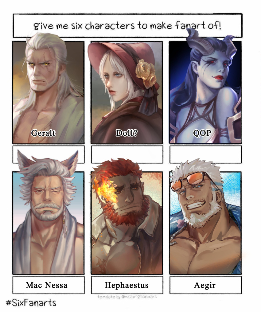 2girls 5boys absurdres aegir_(housamo) animal_ears beard bloodborne cat_ears commentary_request dark-skinned_male dark_skin dota_(series) dota_2 eyewear_on_head facial_hair flaming_eye geralt_of_rivia granblue_fantasy hephaestus_(housamo) highres ina_zuma large_pectorals long_hair mac_nessa manly multiple_boys multiple_drawing_challenge multiple_girls muscular muscular_male mustache open_clothes open_shirt pectorals plain_doll queen_of_pain_(dota) scar scar_across_eye scar_on_chest scar_on_face six_fanarts_challenge sunglasses the_witcher_(series) thick_eyebrows tokyo_afterschool_summoners towel towel_around_neck upper_body white_hair