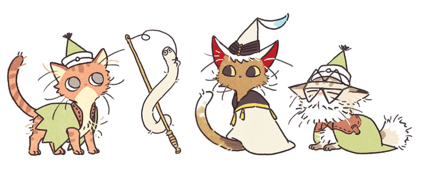 alaira_(witch_hat_atelier) alternate_species ambiguous_gender brushbuddy_(witch_hat_atelier) clothing domestic_cat felid feline felis feral group hat headgear headwear hi_res kamome_shirahama mammal nolnoa_(witch_hat_atelier) quadruped simple_background tail tartah_(witch_hat_atelier) white_background witch_hat_atelier