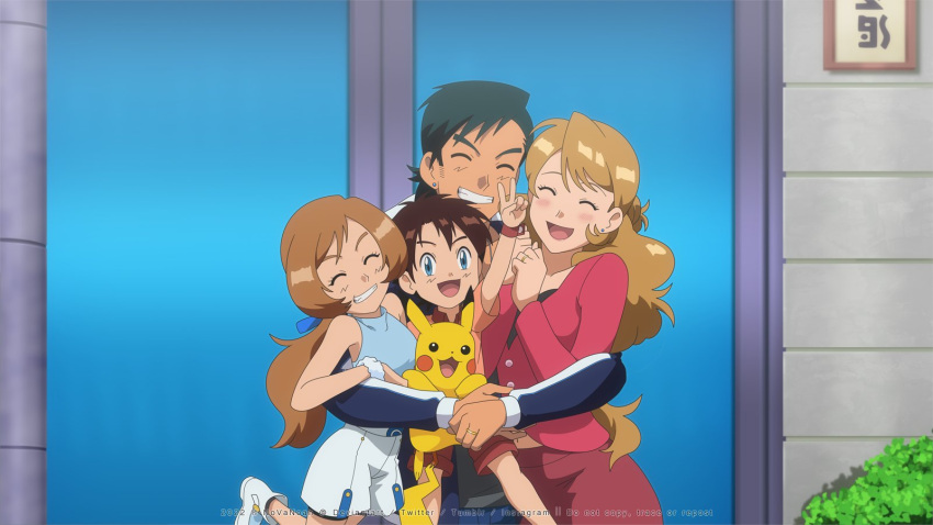 2boys 2girls :d aged_up ash_ketchum black_hair blonde_hair blue_eyes blue_ribbon brown_hair buttons closed_eyes day earrings eyelashes facing_viewer family grin hair_ribbon happy highres if_they_mated jacket jewelry leg_up long_hair mixed-language_commentary multiple_boys multiple_girls noelia_ponce open_mouth outdoors pikachu pink_jacket pokemon pokemon_(anime) pokemon_(creature) pokemon_xy_(anime) ponytail ribbon ring serena_(pokemon) shirt short_sleeves skirt smile teeth tongue v watermark wristband