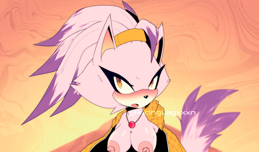 accessory anthro blaze_the_cat breasts cape clothed clothing domestic_cat embarrassed felid feline felis female hair headband hi_res looking_at_viewer mammal nipples orange_eyes purple_body sega solo sonic_the_hedgehog_(series) speendlexmk2 tied_hair topless