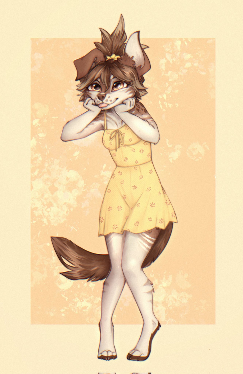 2023 anthro barefoot blep brown_body brown_fur brown_hair canid canine clothed clothing digital_media_(artwork) dress feet female full-length_portrait fully_clothed fur hair hi_res mammal portrait solo standing tongue tongue_out white_body white_fur yellow_clothing yellow_dress yshanii