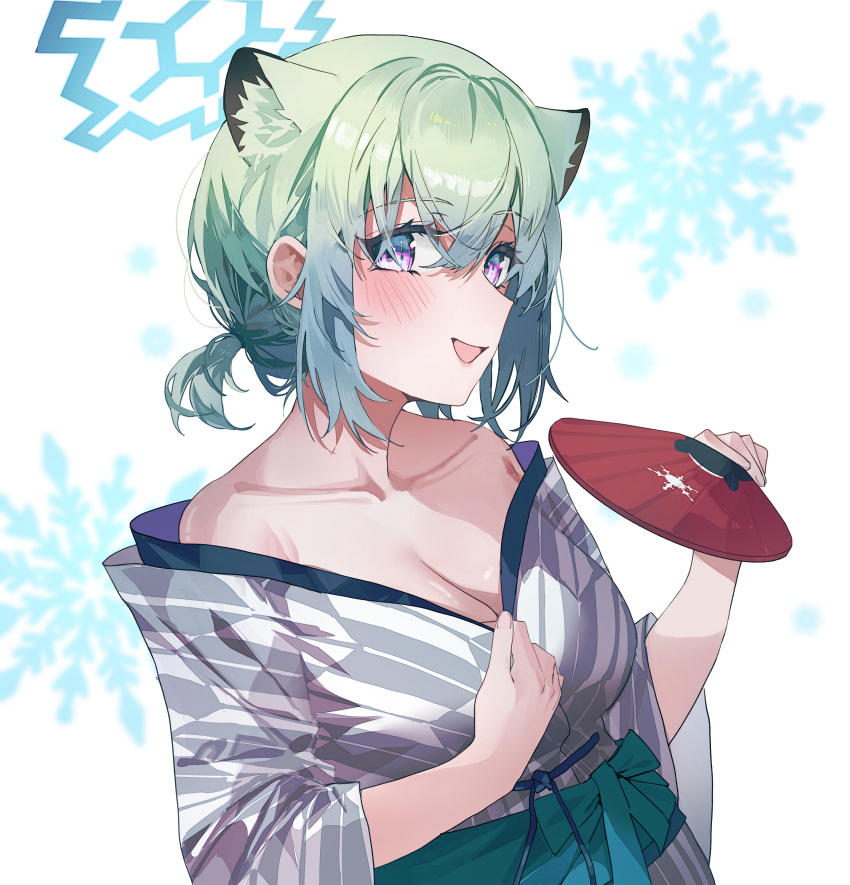 1girl absurdres animal_ears bath_yukata blue_archive blue_halo blush breasts cleavage collarbone geuyeon green_hair halo hand_fan highres holding holding_fan japanese_clothes kimono large_breasts obi official_alternate_costume open_mouth paper_fan pink_eyes sash shigure_(blue_archive) shigure_(hot_spring)_(blue_archive) short_hair smile solo uchiwa upper_body weasel_ears white_kimono yukata
