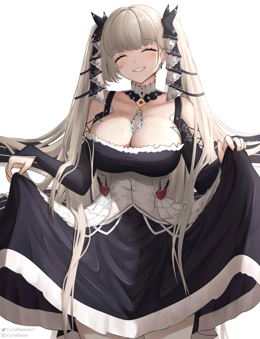 1girl absurdres azur_lane bare_shoulders between_breasts black_dress black_nails black_ribbon breasts bridal_gauntlets cleavage closed_eyes collarbone commission corset curtsey detached_collar dress earrings elbow_gloves english_commentary formidable_(azur_lane) frilled_ribbon frills gloves grey_hair grin hair_ribbon head_tilt highres huge_breasts jewelry lifted_by_self long_hair nail_polish pixiv_username ribbon simple_background skirt skirt_hold smile solo standing twintails twitter_username underbust very_long_hair white_background yunareas
