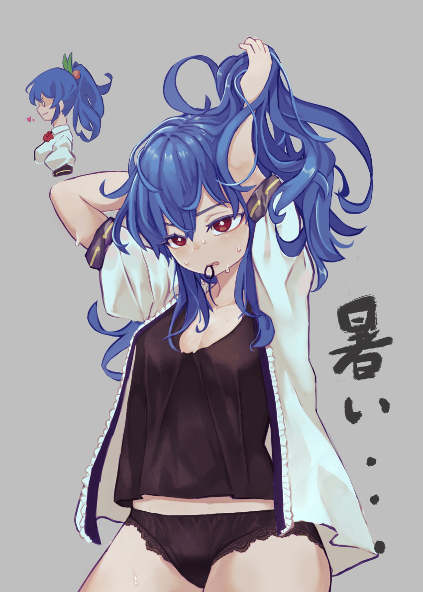 1girl absurdres arms_behind_head black_camisole black_panties blue_hair camisole hair_tie_in_mouth hand_in_own_hair hands_in_hair highres hinanawi_tenshi holding holding_hair kaden_(muxt8423) long_hair mouth_hold open_clothes open_shirt panties ponytail red_eyes shirt simple_background solo sweat touhou tying_hair underwear white_shirt