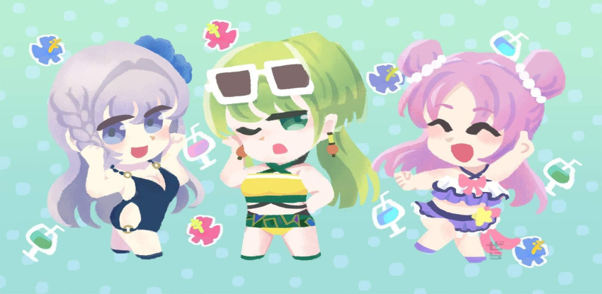 3girls :d alina_gray alina_gray_(swimsuit_costume) bad_id bad_twitter_id bare_shoulders bikini blue_eyes blue_flower blue_one-piece_swimsuit blush braid casual_one-piece_swimsuit chibi closed_eyes double_bun earrings eyewear_on_head flower frilled_bikini frills full_body gera-magia green_eyes green_hair grey_hair hair_bun hair_flower hair_intakes hair_ornament hand_on_own_hip highres jewelry long_hair looking_at_viewer magia_record:_mahou_shoujo_madoka_magica_gaiden mahou_shoujo_madoka_magica misono_karin misono_karin_(swimsuit_costume) multiple_girls navel o-ring o-ring_swimsuit official_alternate_costume one-piece_swimsuit one_eye_closed open_mouth parted_bangs pink_ribbon purple_hair ribbon side_braid sidelocks smile standing sunglasses swimsuit very_long_hair yakumo_mitama yakumo_mitama_(swimsuit_costume) yellow_bikini